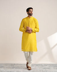 Twamev Men Vibrant Yellow Self Embroidered Kurta Set