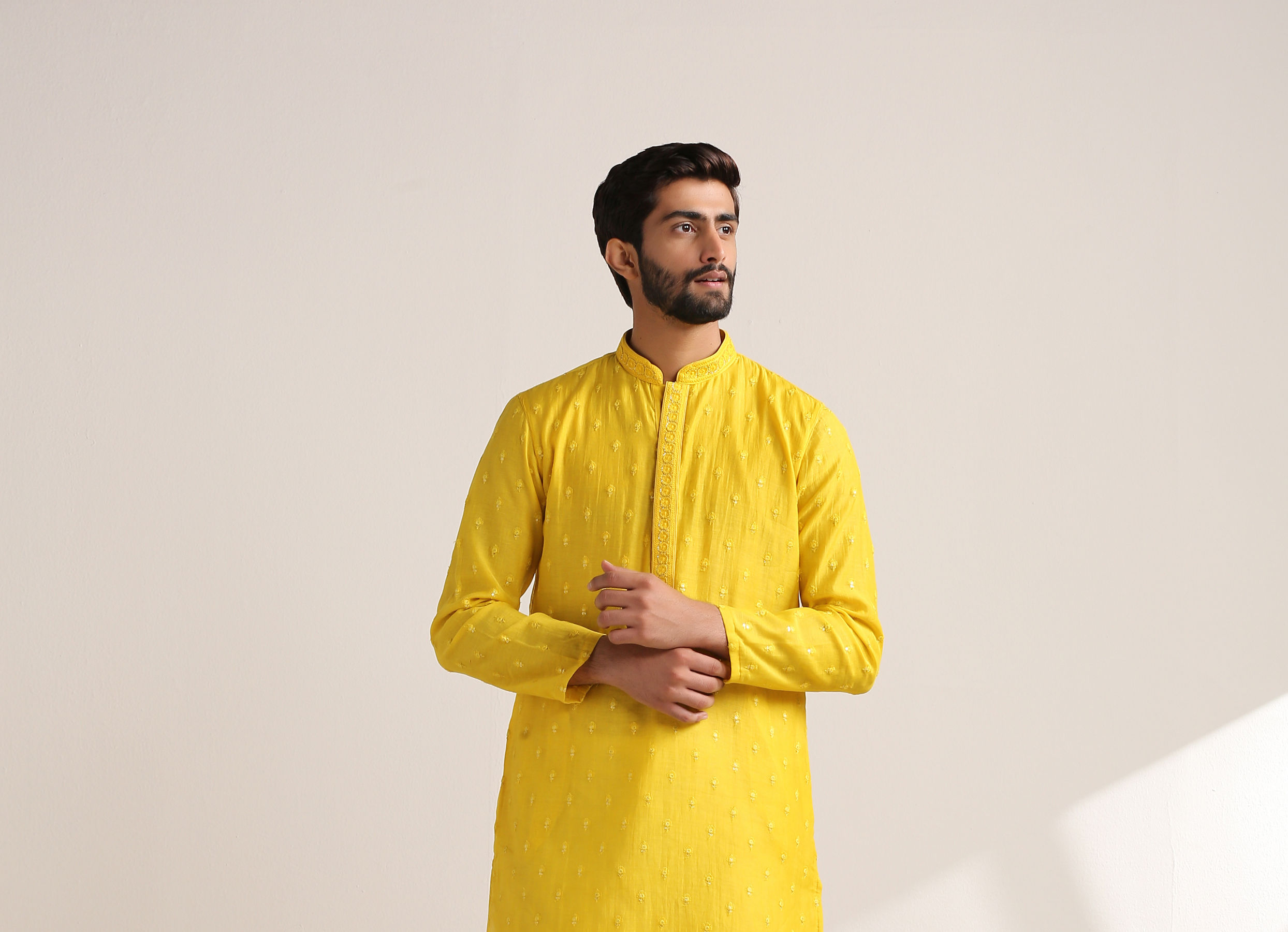 Twamev Men Vibrant Yellow Self Embroidered Kurta Set