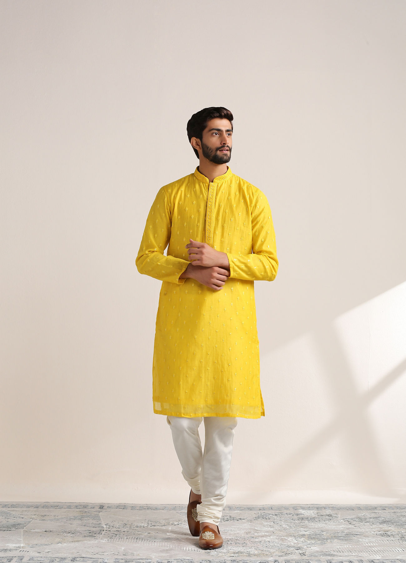 Twamev Men Vibrant Yellow Self Embroidered Kurta Set