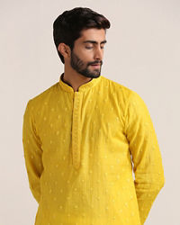 Twamev Men Vibrant Yellow Self Embroidered Kurta Set