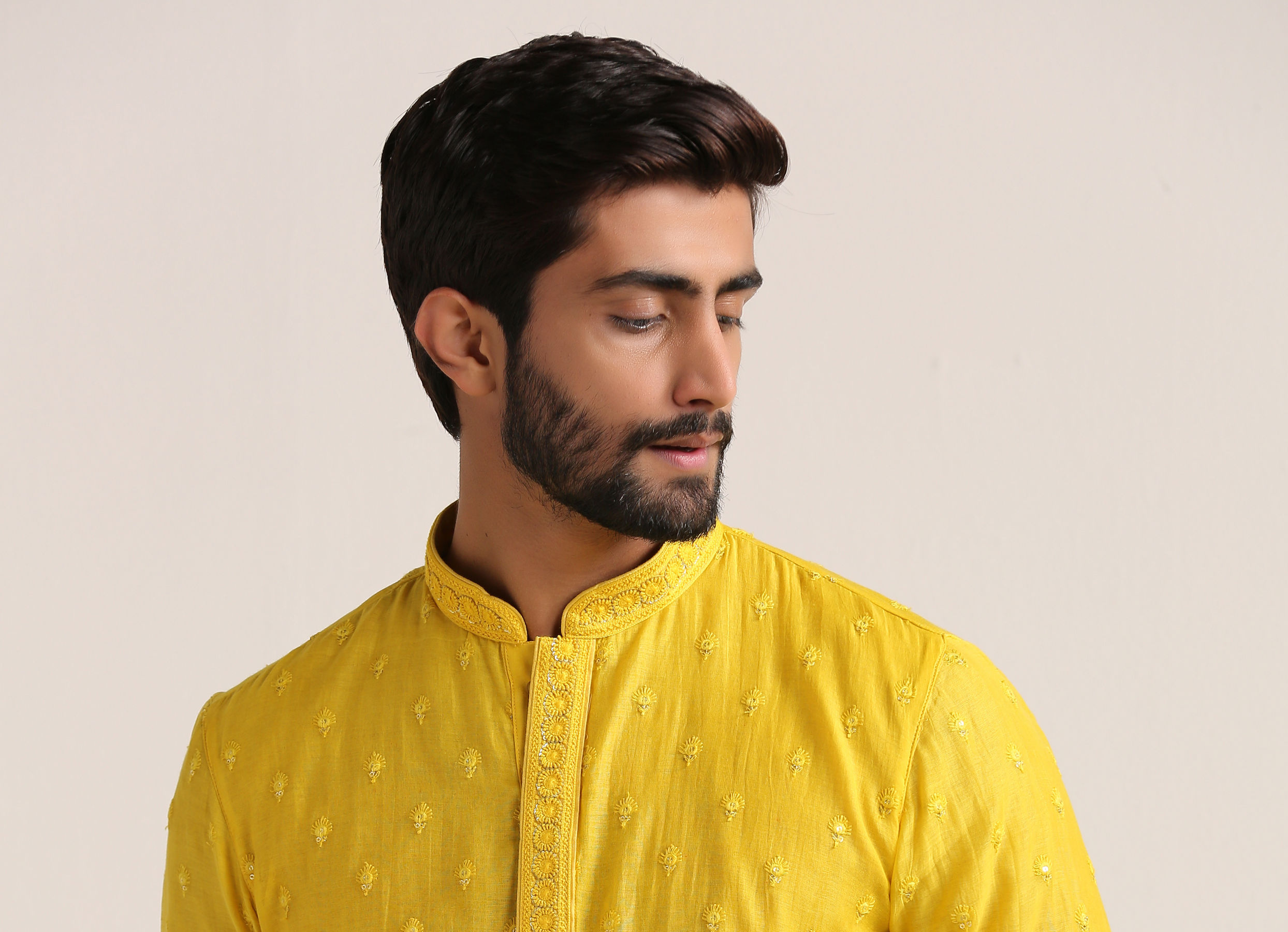 Twamev Men Vibrant Yellow Self Embroidered Kurta Set
