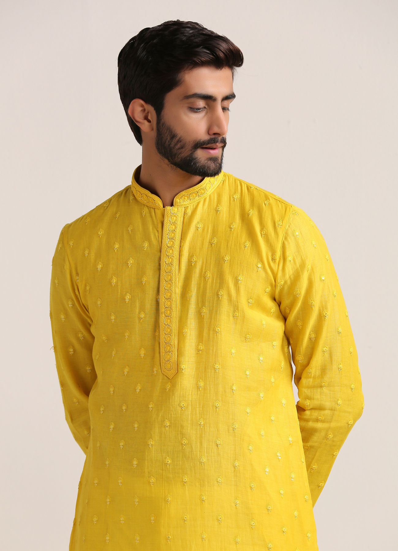 Twamev Men Vibrant Yellow Self Embroidered Kurta Set