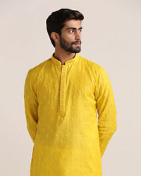 Twamev Men Vibrant Yellow Self Embroidered Kurta Set