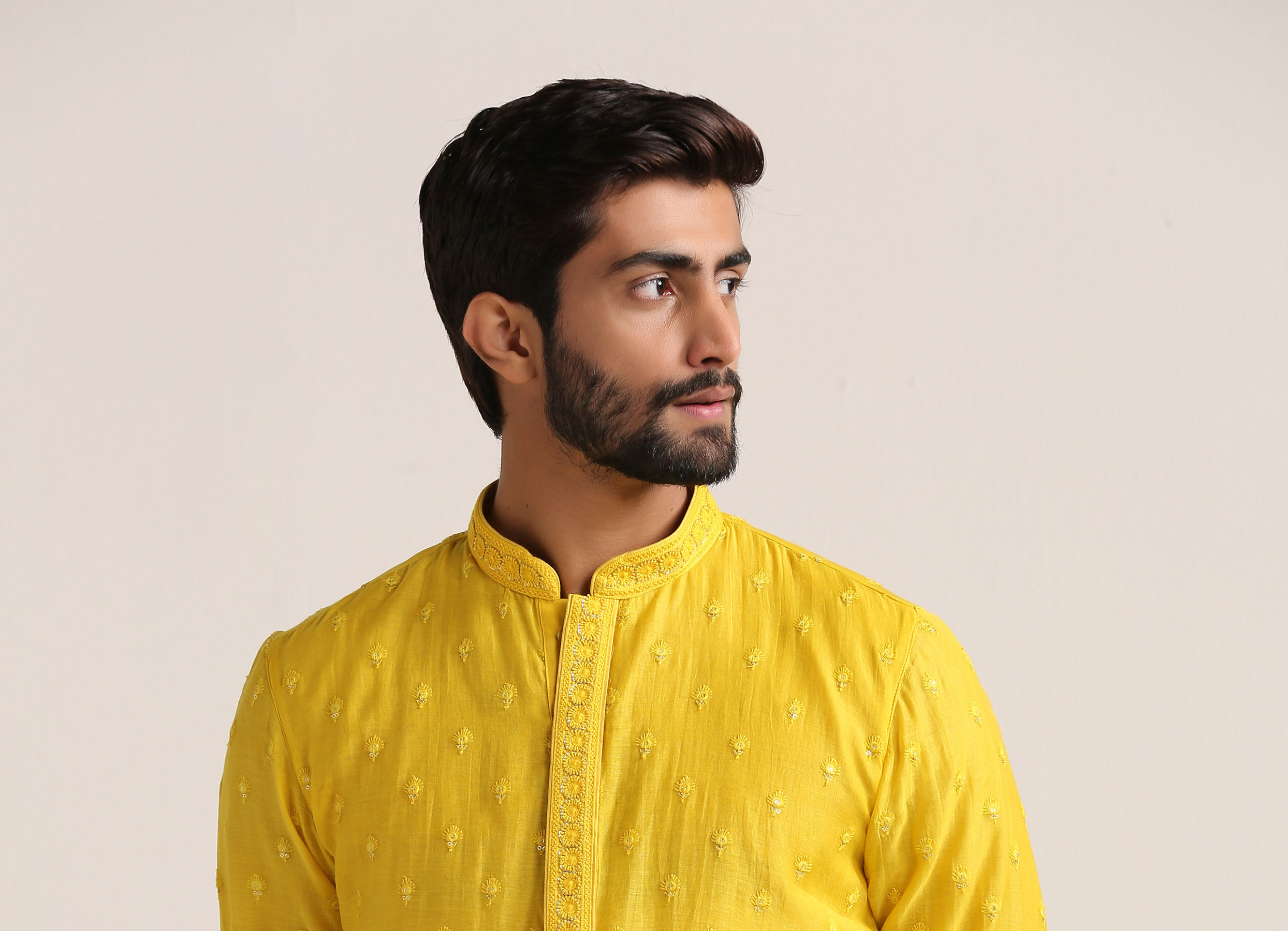 Twamev Men Vibrant Yellow Self Embroidered Kurta Set