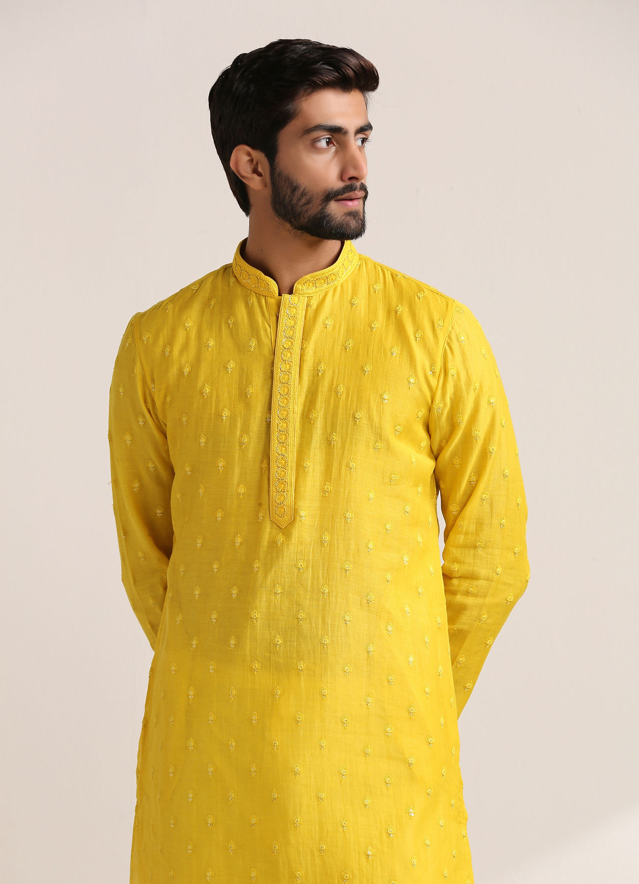 Twamev Men Vibrant Yellow Self Embroidered Kurta Set
