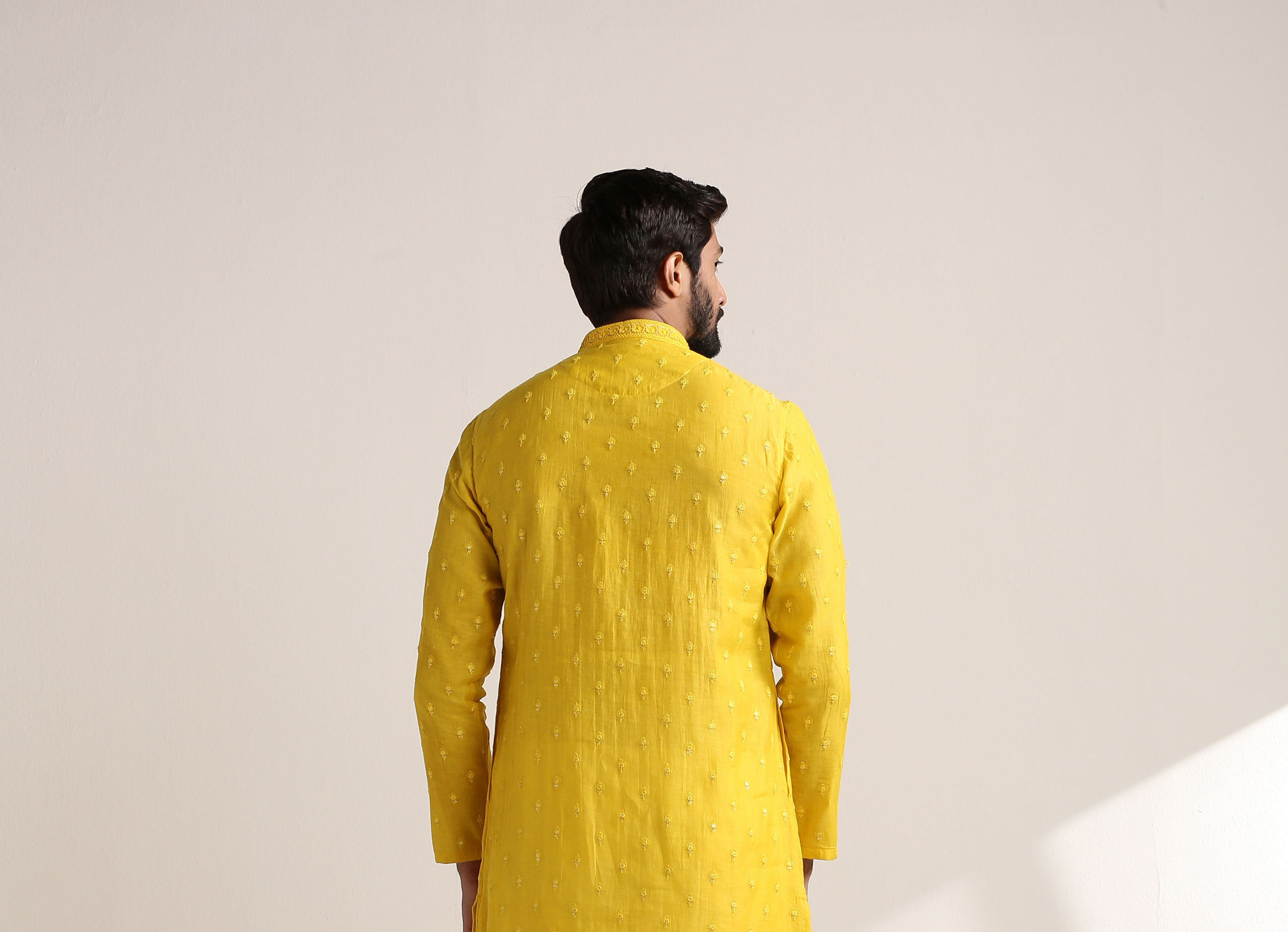 Twamev Men Vibrant Yellow Self Embroidered Kurta Set