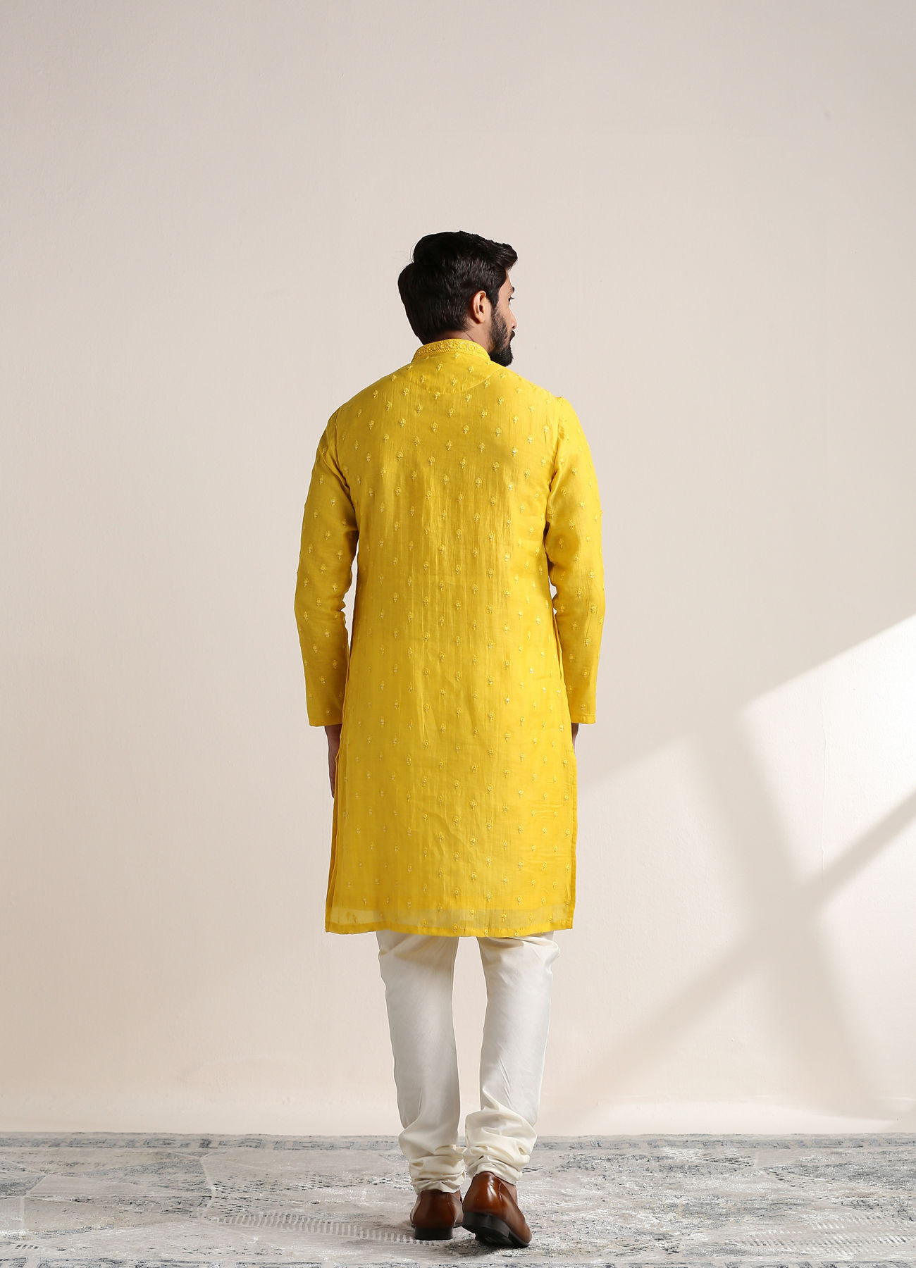 Twamev Men Vibrant Yellow Self Embroidered Kurta Set