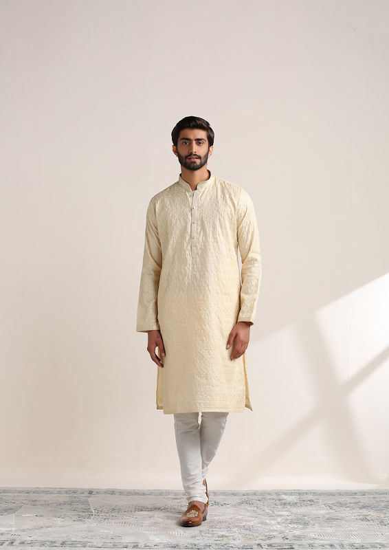Twamev Men Buttercream Self Embroidered Kurta Set
