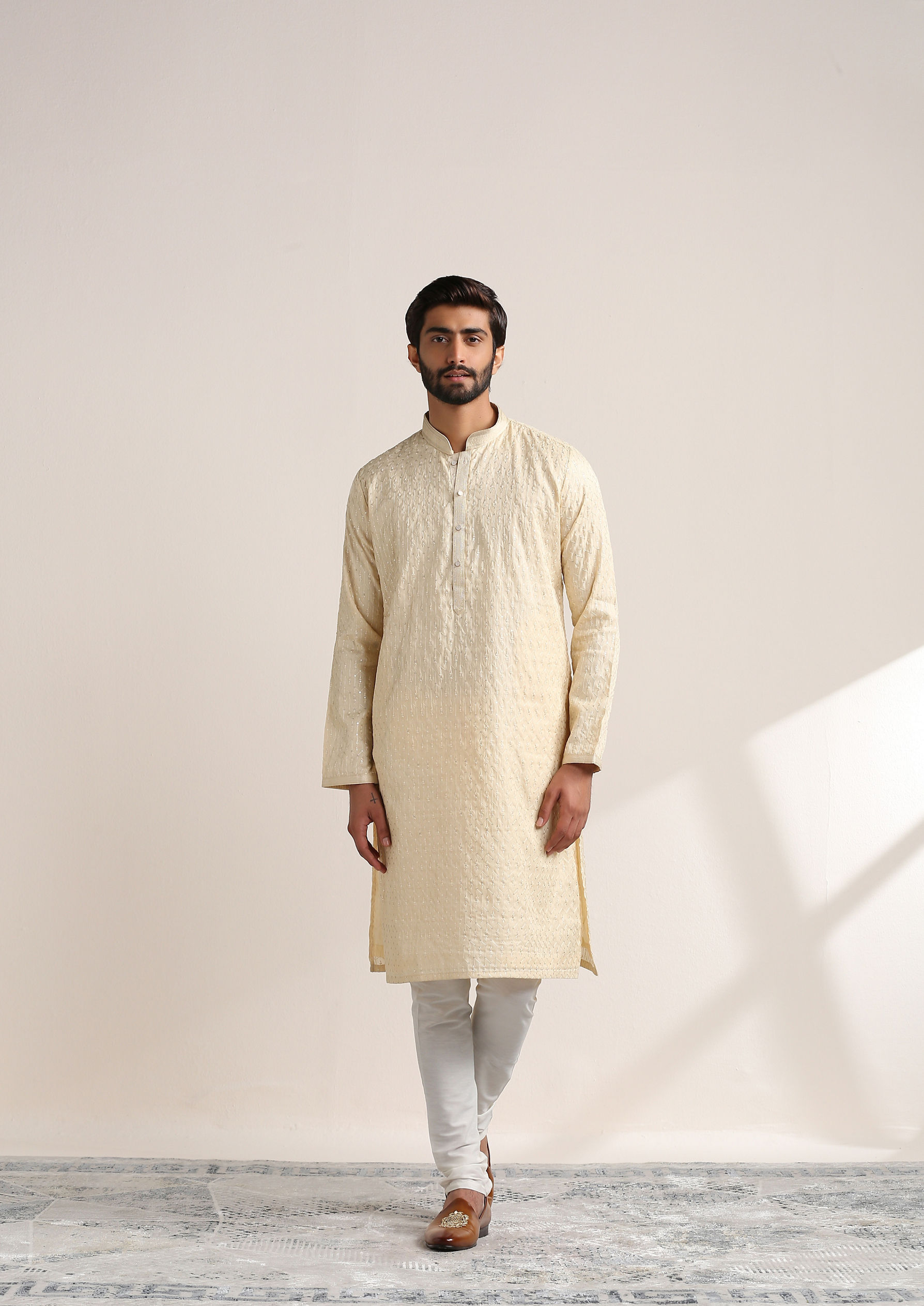 Twamev Men Buttercream Self Embroidered Kurta Set