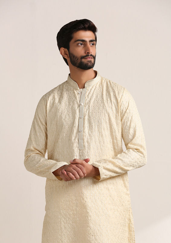 Twamev Men Buttercream Self Embroidered Kurta Set