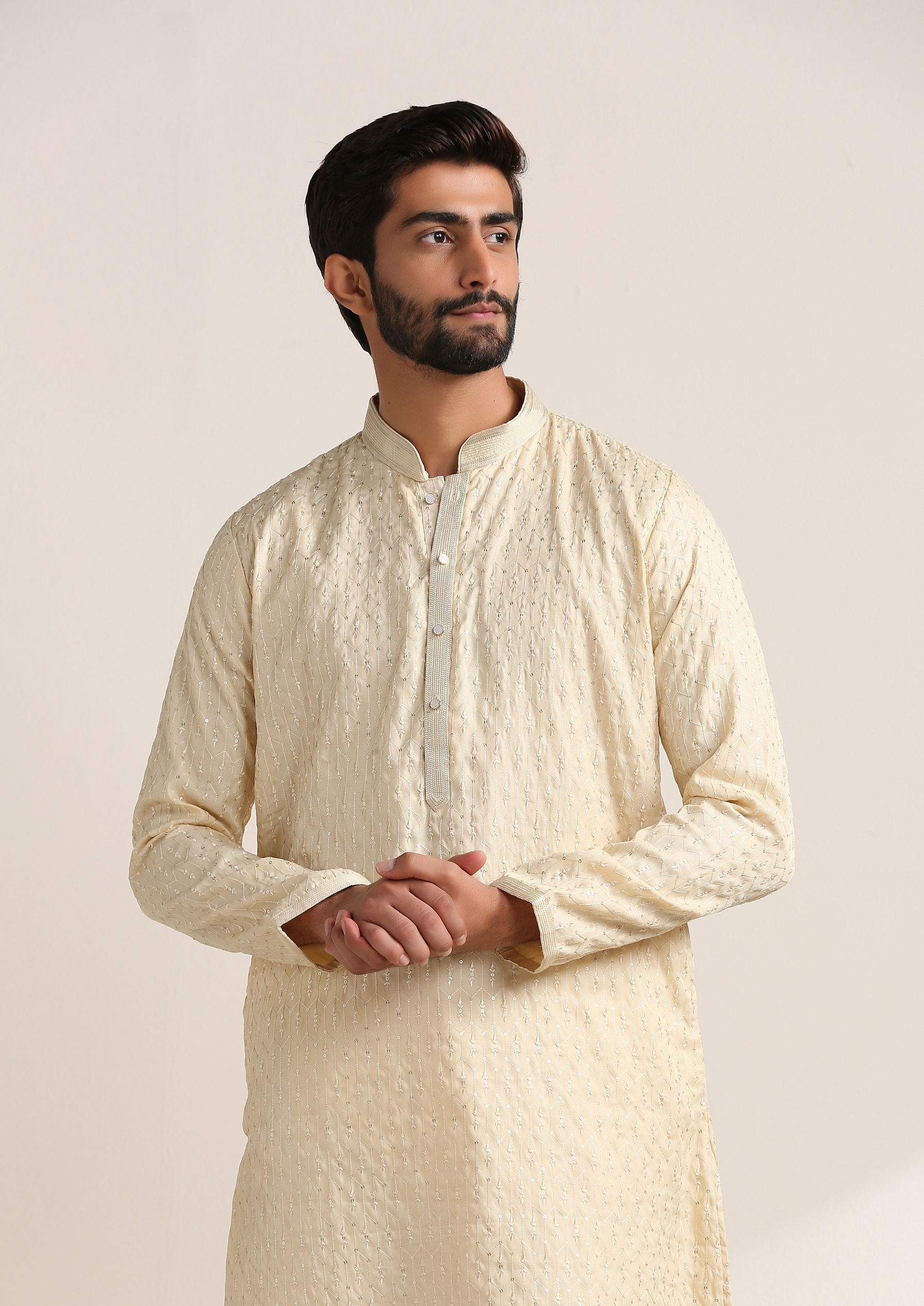 Twamev Men Buttercream Self Embroidered Kurta Set
