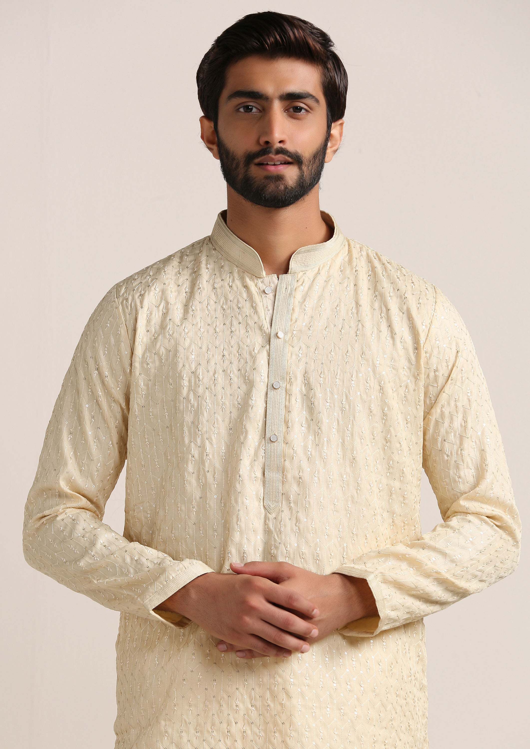 Twamev Men Buttercream Self Embroidered Kurta Set