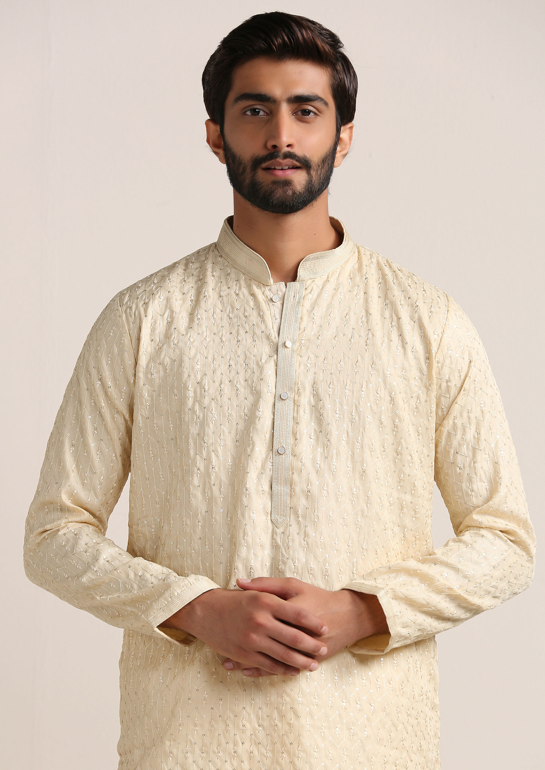 Twamev Men Buttercream Self Embroidered Kurta Set