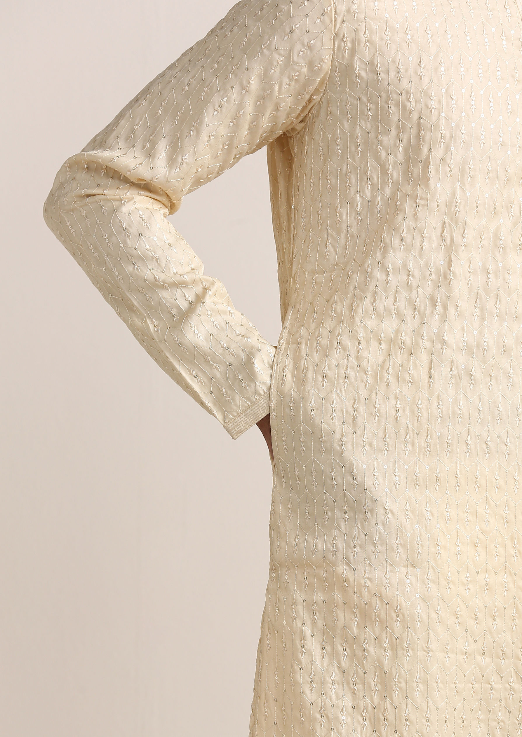 Twamev Men Buttercream Self Embroidered Kurta Set