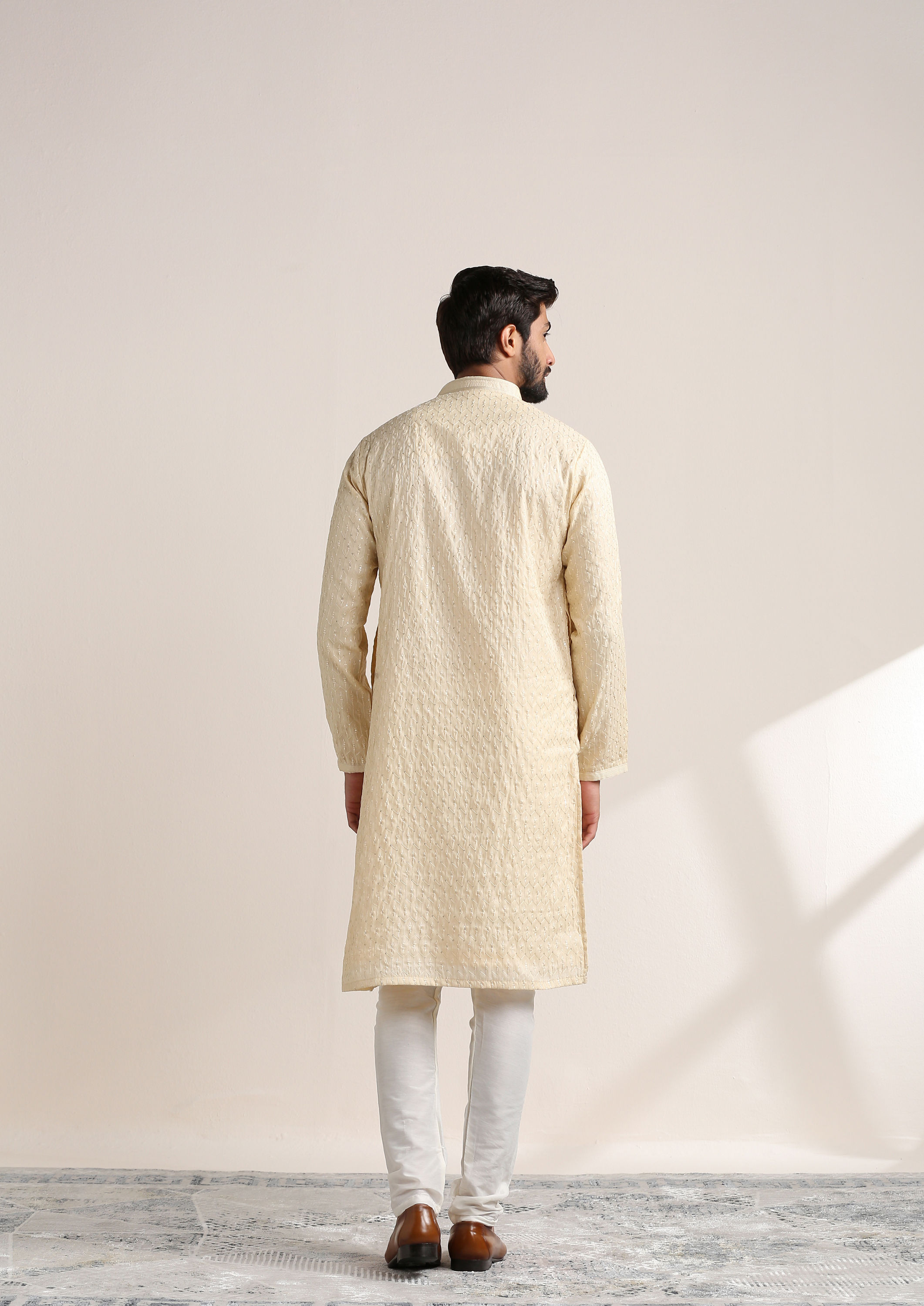 Twamev Men Buttercream Self Embroidered Kurta Set