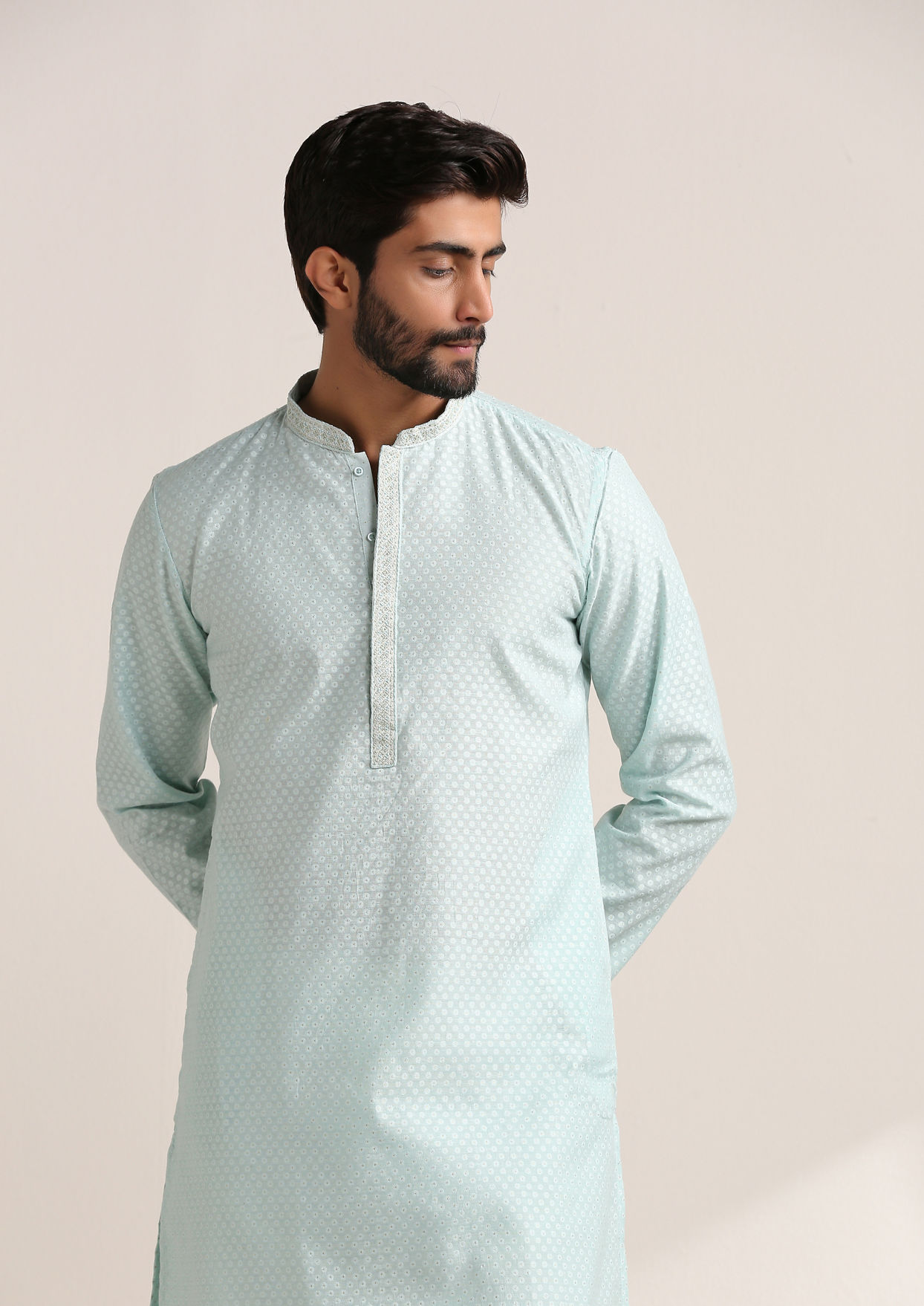 alt message - Twamev Men Sky Blue Jacquard Patterned Kurta Set image number 0