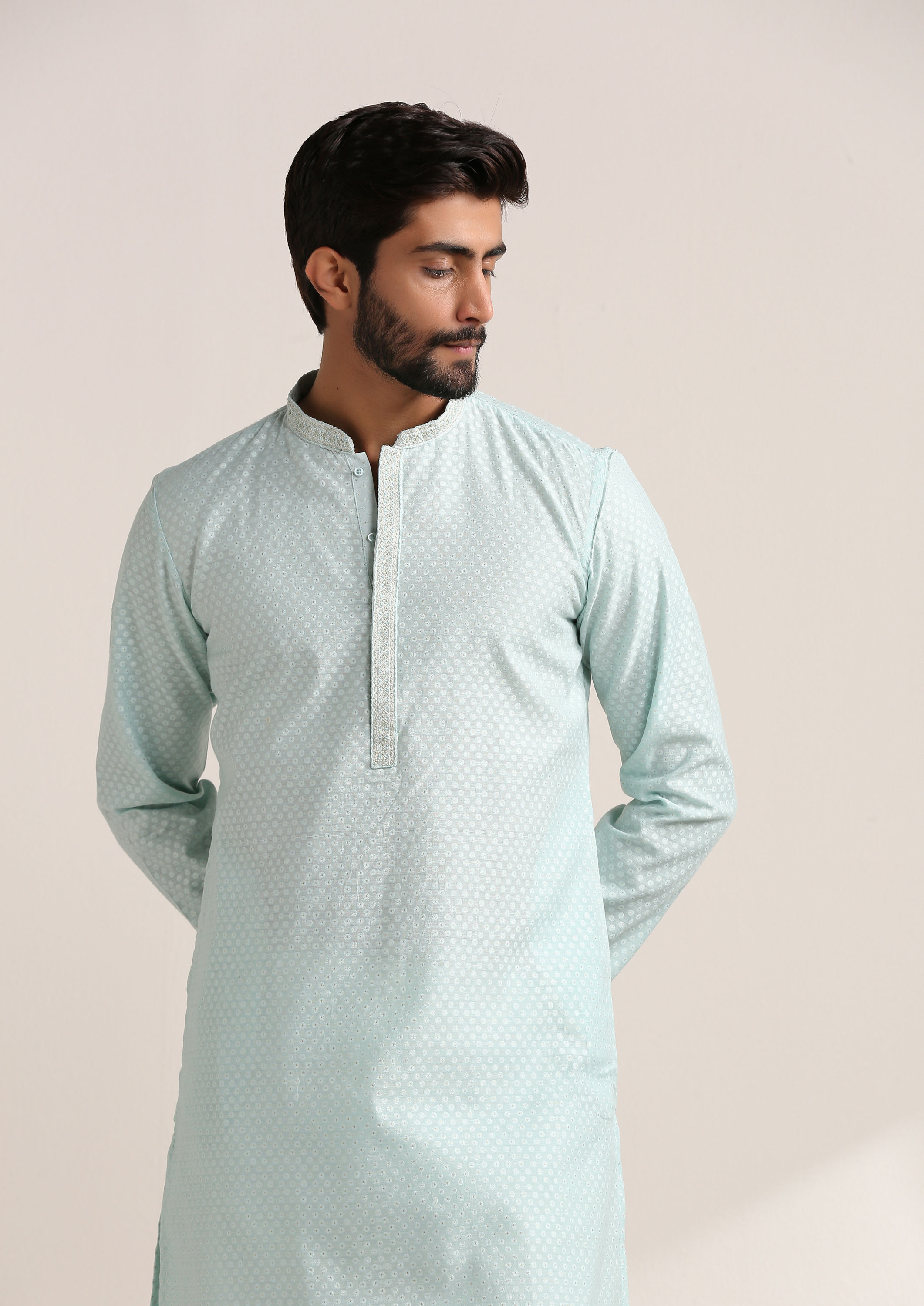 Twamev Men Sky Blue Jacquard Patterned Kurta Set