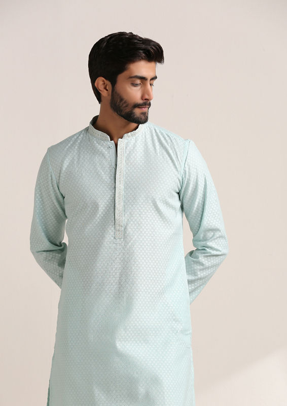 Twamev Men Sky Blue Jacquard Patterned Kurta Set