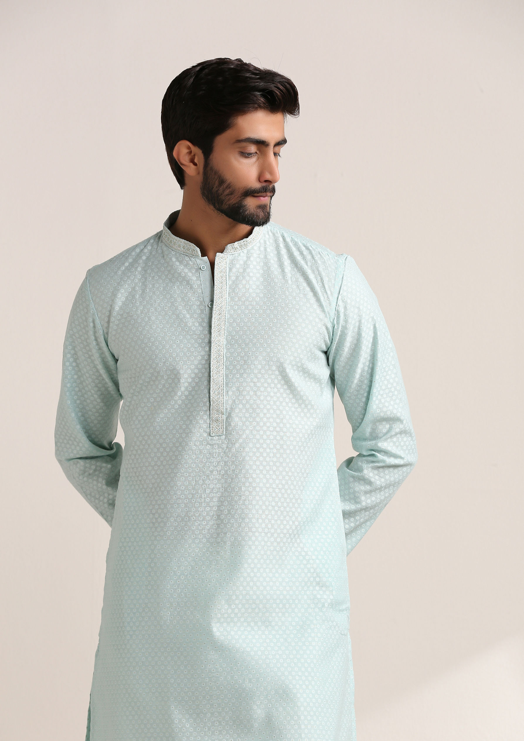 Twamev Men Sky Blue Jacquard Patterned Kurta Set