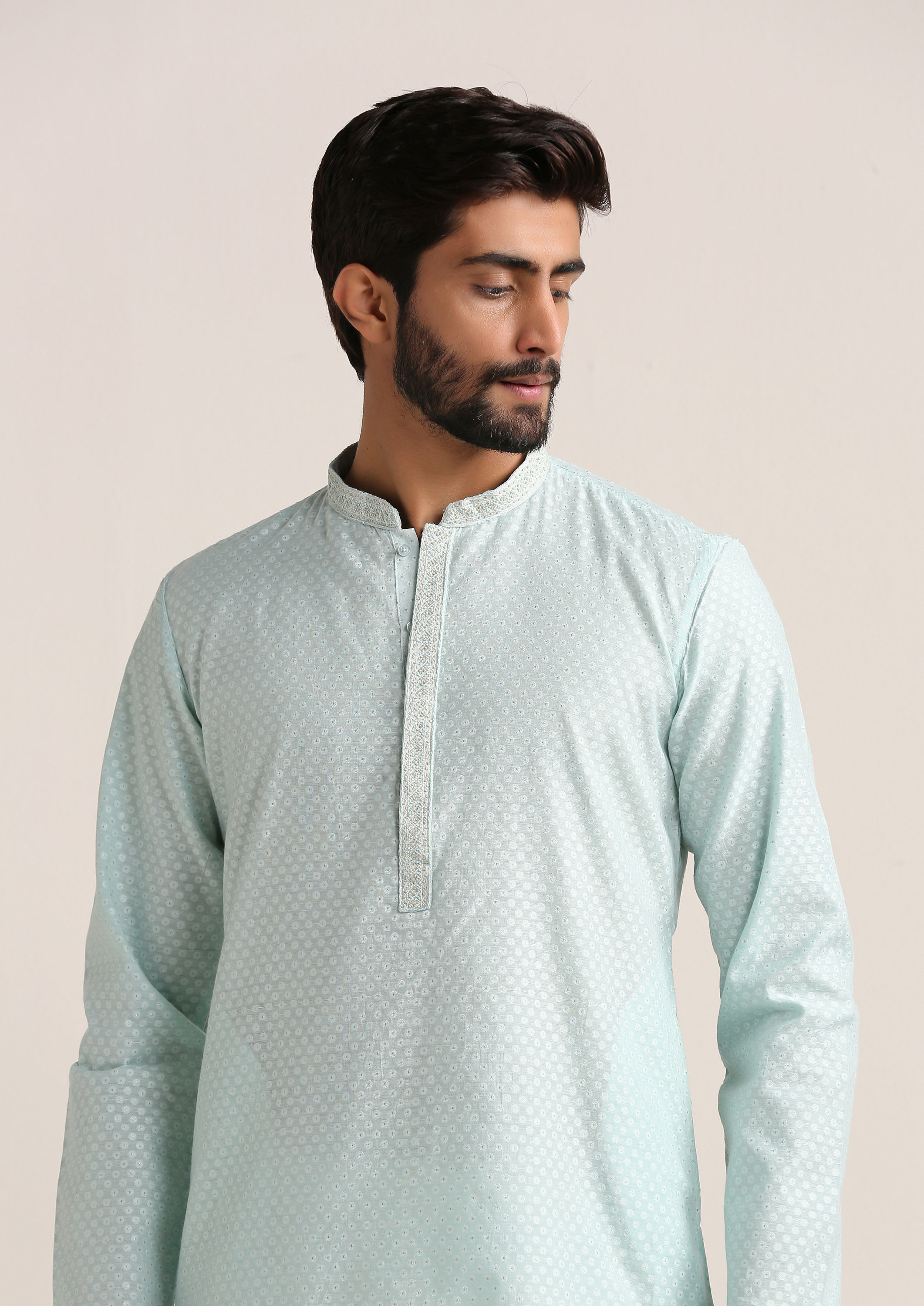 Twamev Men Sky Blue Jacquard Patterned Kurta Set