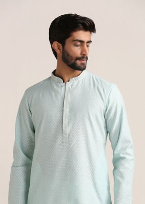 alt message - Twamev Men Sky Blue Jacquard Patterned Kurta Set image number 1