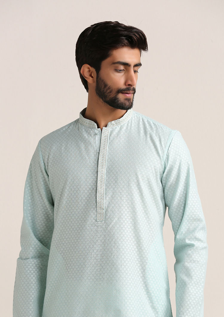 Twamev Men Sky Blue Jacquard Patterned Kurta Set image number 1