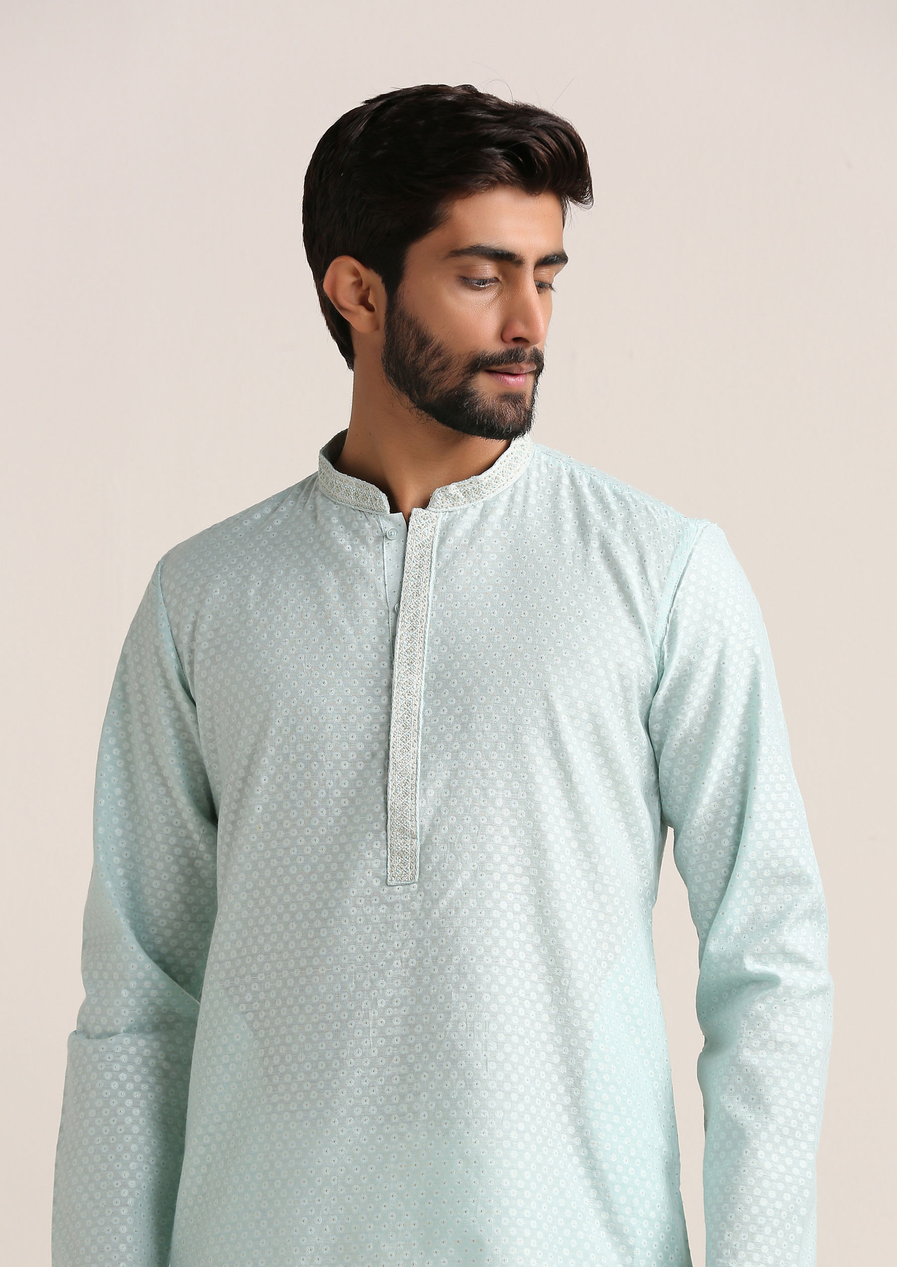 Twamev Men Sky Blue Jacquard Patterned Kurta Set