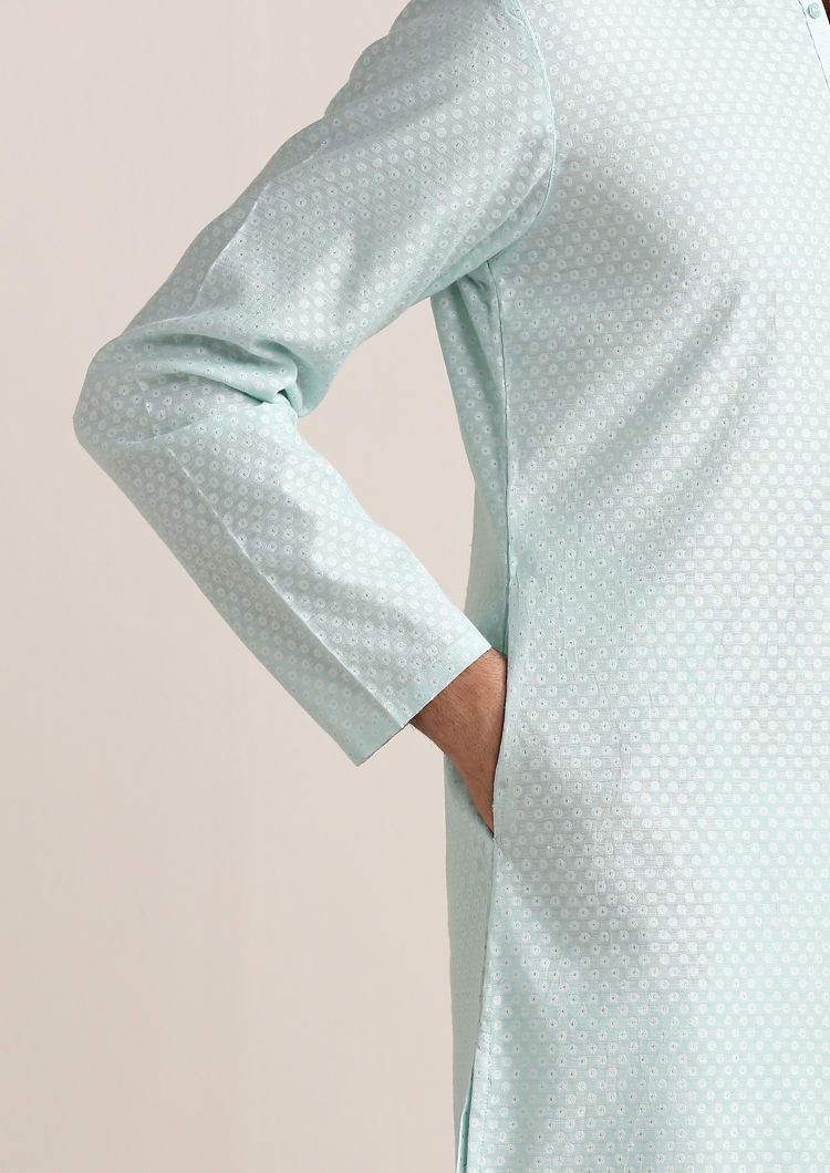Twamev Men Sky Blue Jacquard Patterned Kurta Set