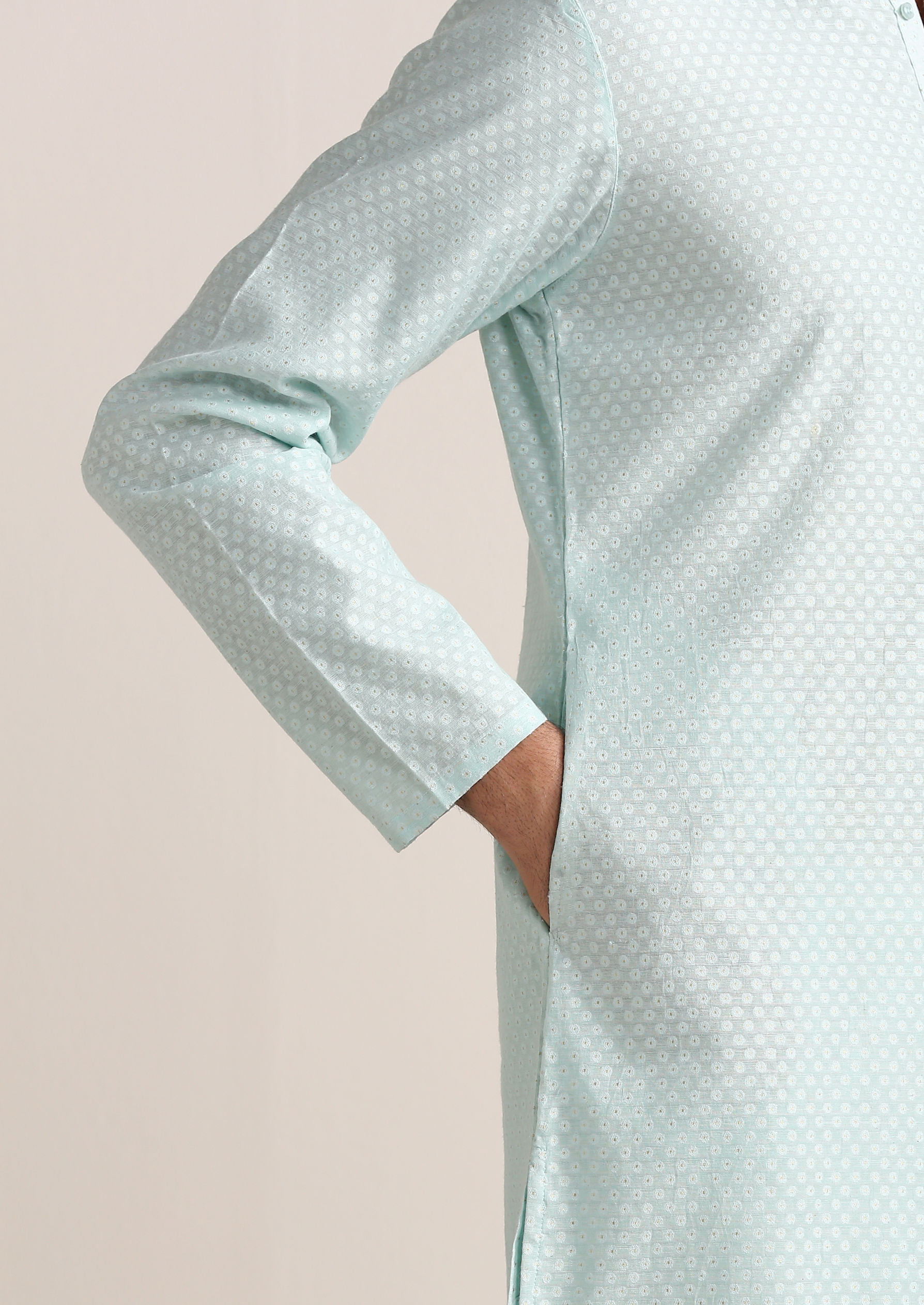 Twamev Men Sky Blue Jacquard Patterned Kurta Set