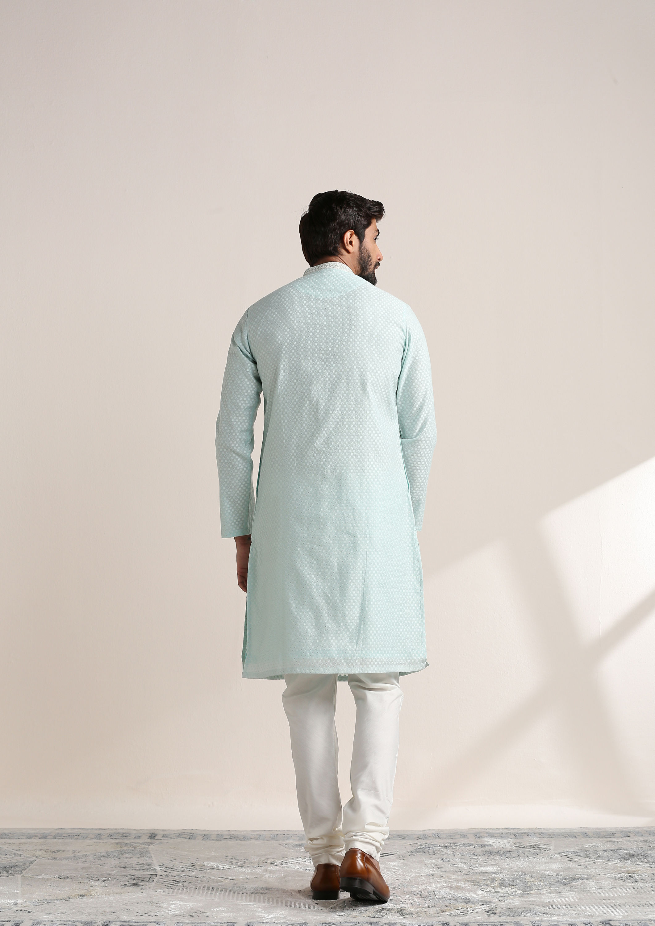 Twamev Men Sky Blue Jacquard Patterned Kurta Set