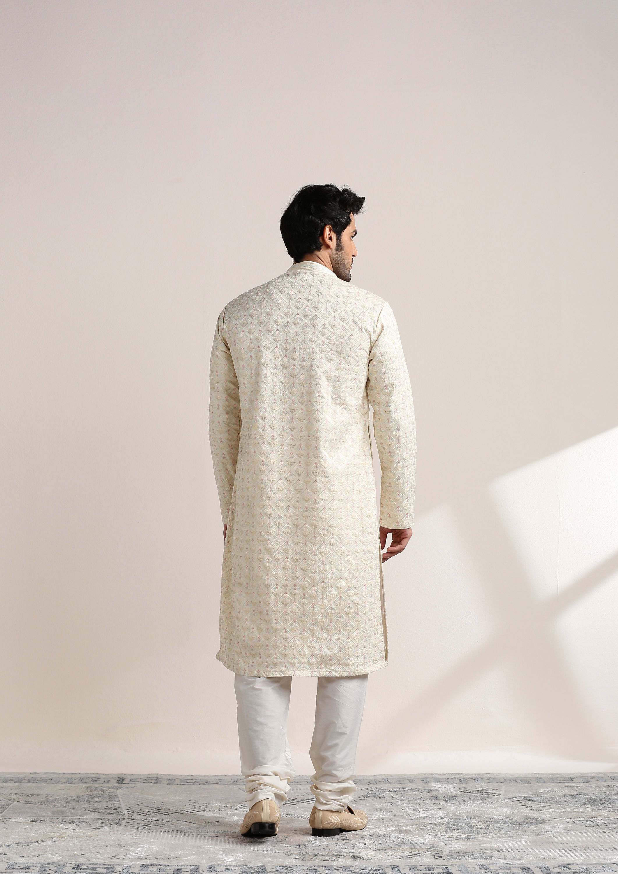 Twamev Men Cannoli Cream Self Embroidered Kurta Set