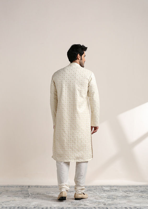 Twamev Men Cannoli Cream Self Embroidered Kurta Set