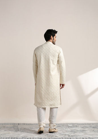 alt message - Twamev Men Cannoli Cream Self Embroidered Kurta Set image number 4