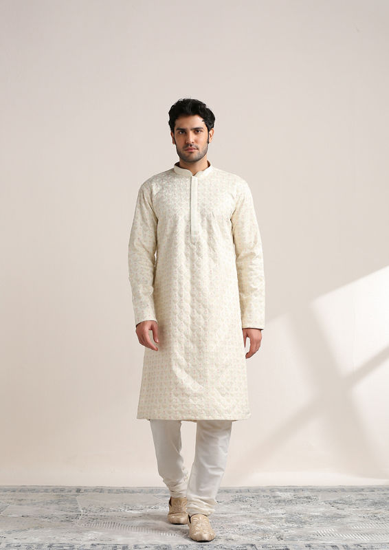 Twamev Men Cannoli Cream Self Embroidered Kurta Set
