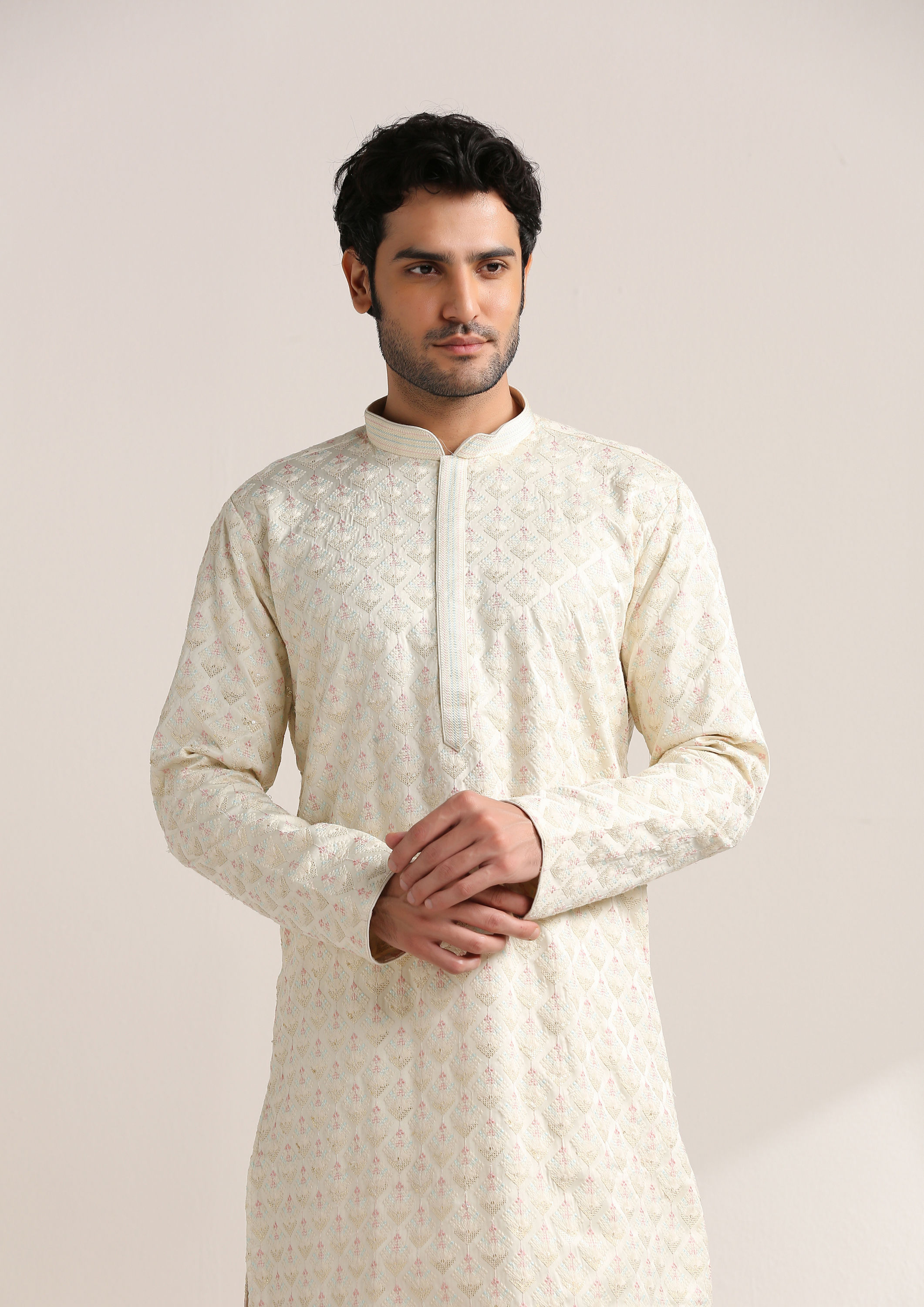 Twamev Men Cannoli Cream Self Embroidered Kurta Set