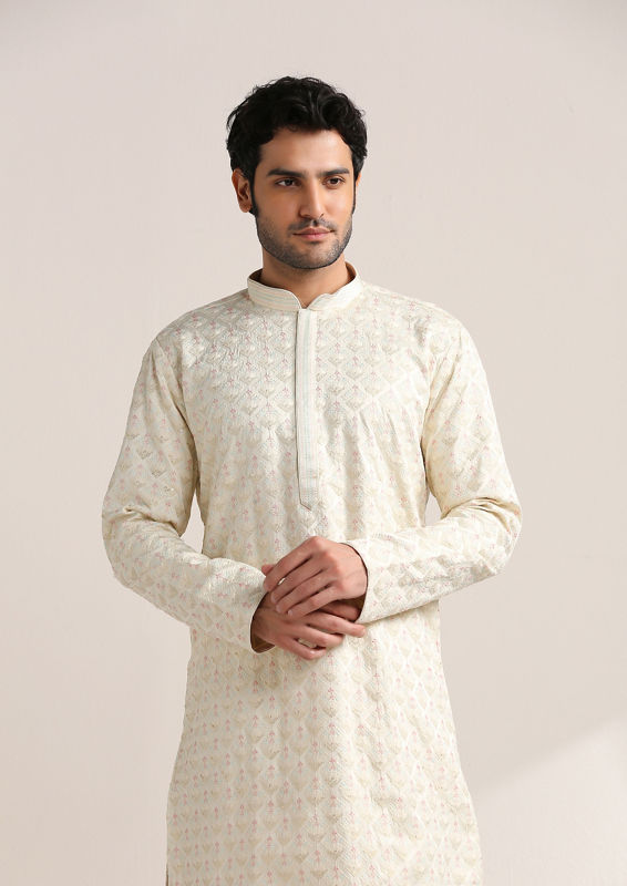 Twamev Men Cannoli Cream Self Embroidered Kurta Set