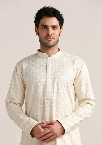 alt message - Twamev Men Cannoli Cream Self Embroidered Kurta Set image number 1