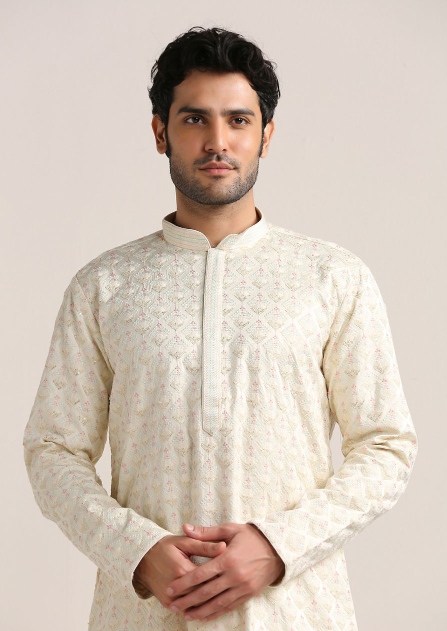 alt message - Twamev Men Cannoli Cream Self Embroidered Kurta Set image number 1