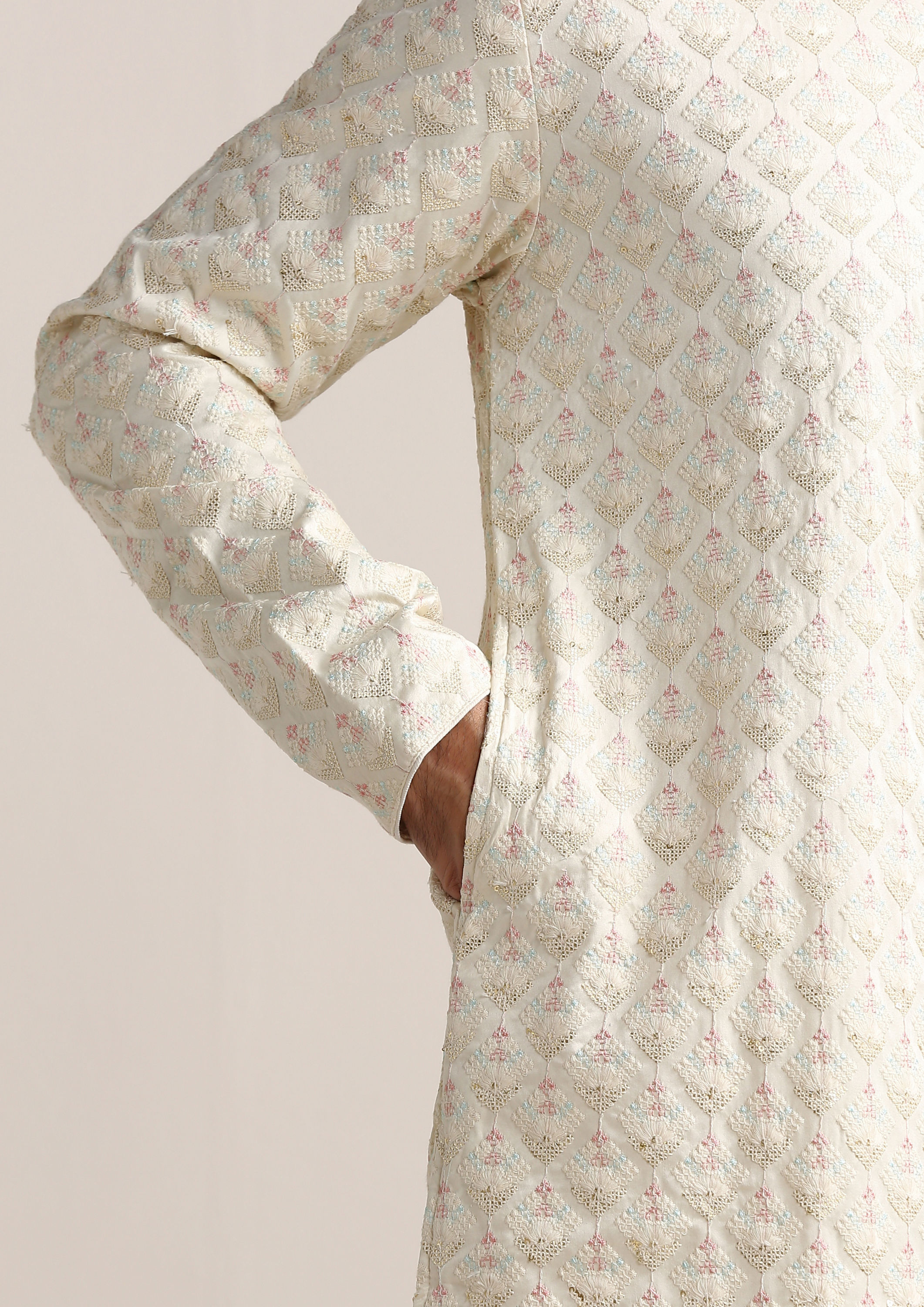 Twamev Men Cannoli Cream Self Embroidered Kurta Set