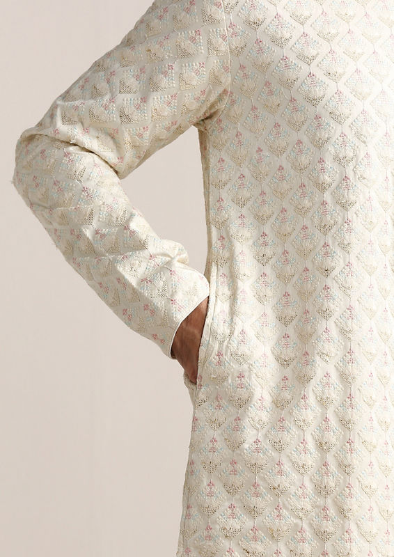 Twamev Men Cannoli Cream Self Embroidered Kurta Set