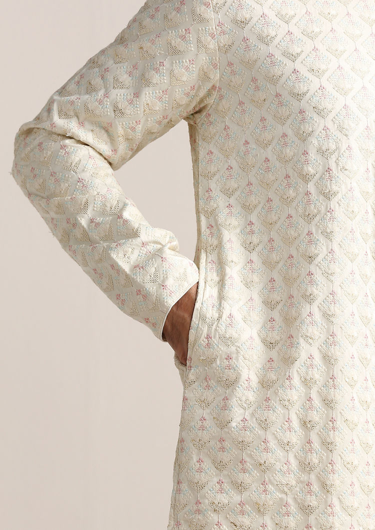 Twamev Men Cannoli Cream Self Embroidered Kurta Set