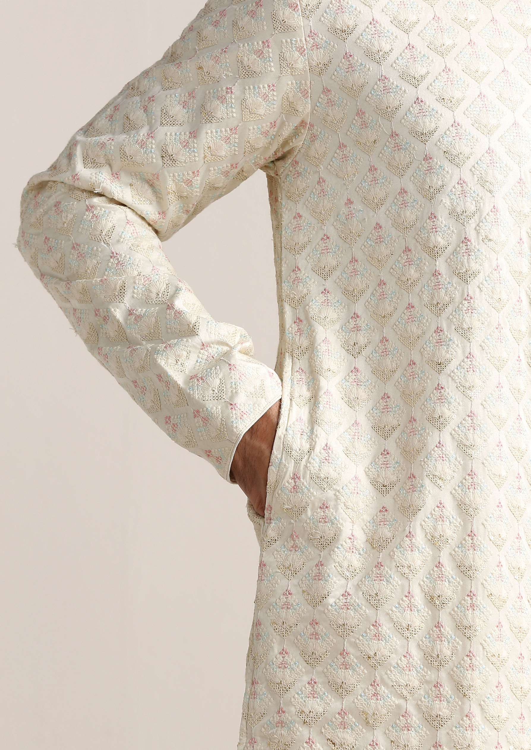 Twamev Men Cannoli Cream Self Embroidered Kurta Set