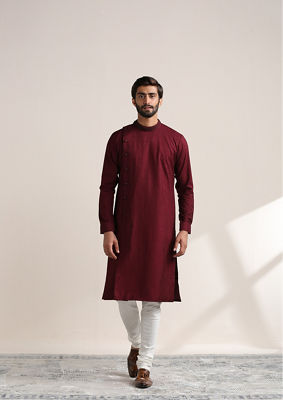 alt message - Twamev Men Wine Red Angrakha Style Kurta Set image number 2