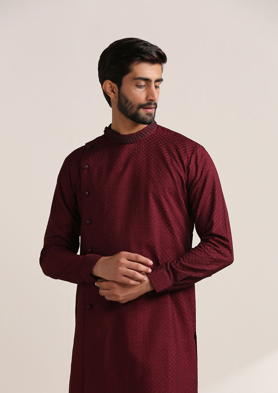 alt message - Twamev Men Wine Red Angrakha Style Kurta Set image number 0