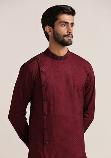 alt message - Twamev Men Wine Red Angrakha Style Kurta Set image number 1