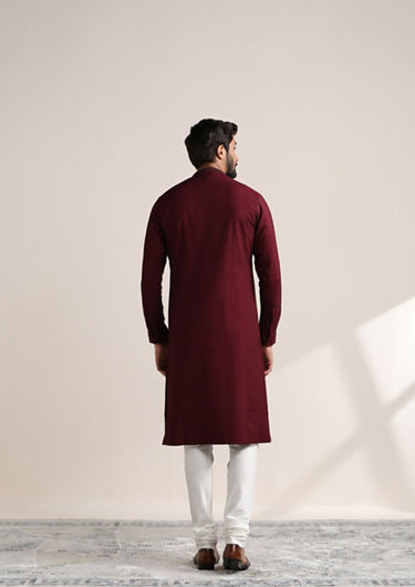 alt message - Twamev Men Wine Red Angrakha Style Kurta Set image number 3