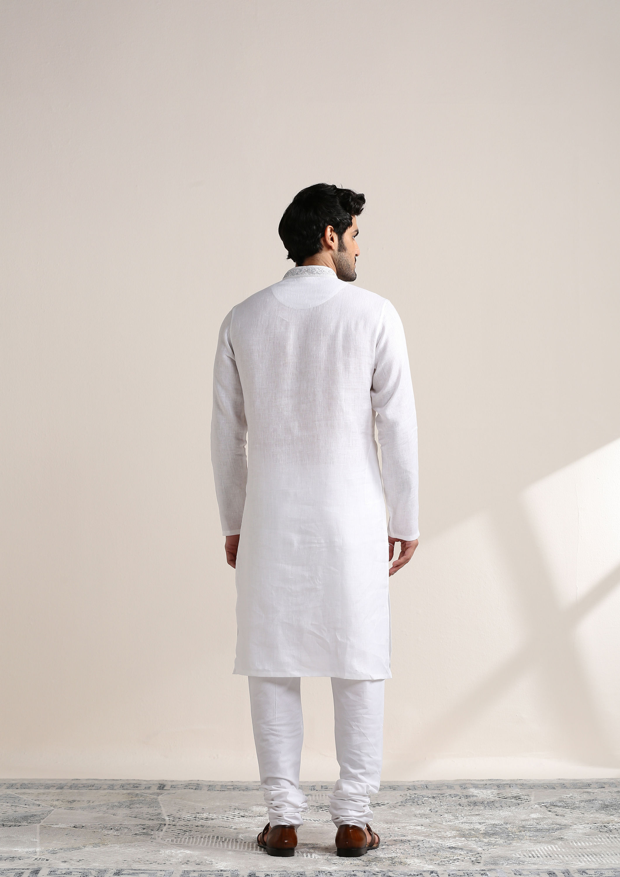 Twamev Men Soft Cream Embroidered Neck Kurta Set