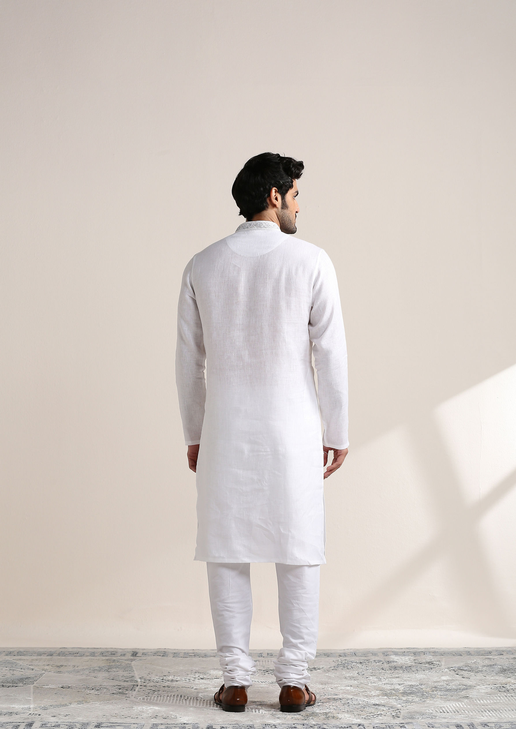 Twamev Men Soft Cream Embroidered Neck Kurta Set