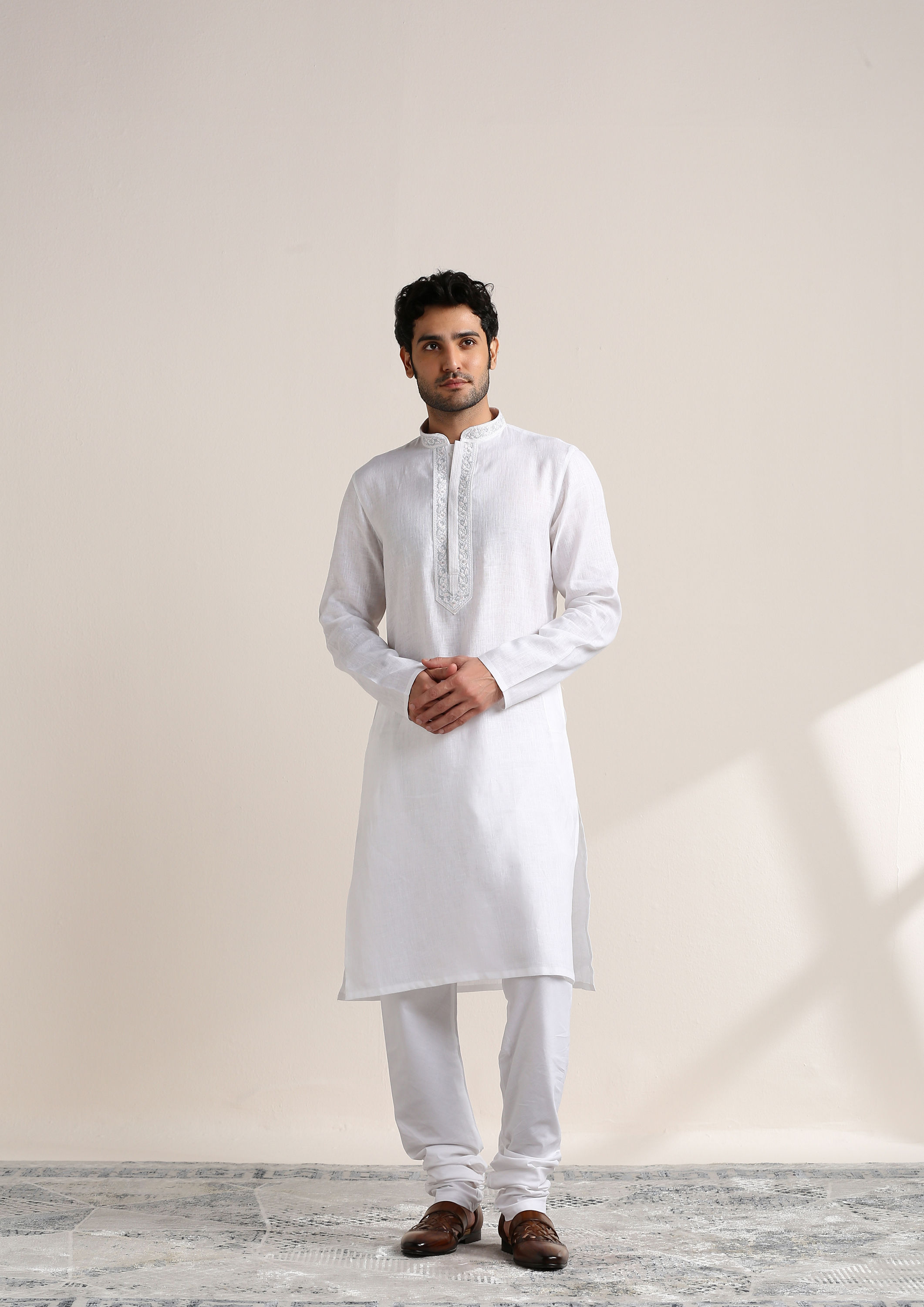 Twamev Men Soft Cream Embroidered Neck Kurta Set