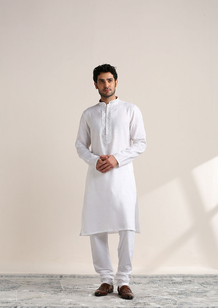 Twamev Men Soft Cream Embroidered Neck Kurta Set